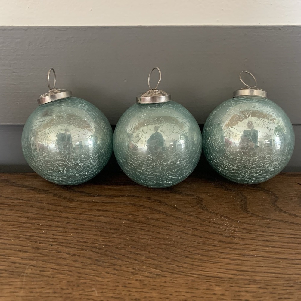 3 Crackle Heavy Glass Teal‎ Sea foam Green Kugel Style Christmas Ornaments 4"